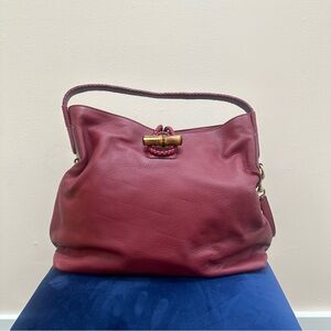 GUCCI Red Pebbled Deerskin Leather Hip Bamboo Shoulder Bag